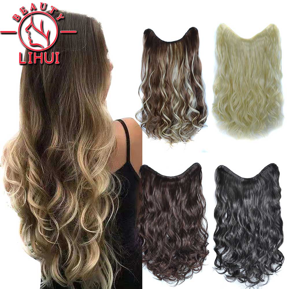 Synthetic Long Curly 4 Clips V-shaped in One Piece Hair Extension Natural Hair for Women Two Style Invisible Fluffy False Hair P