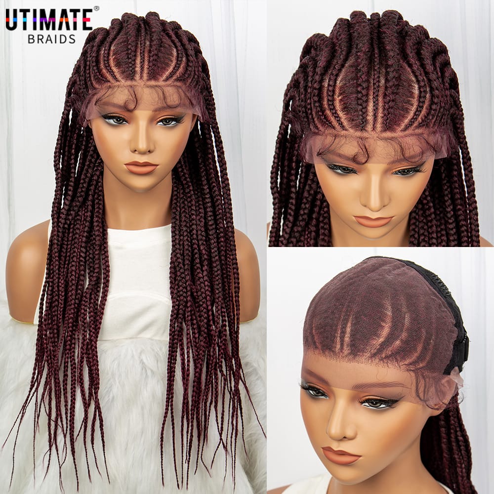Afro Synthetic Braided Wig Lace Frontal Braided Wig 24 Inch Cornrow Braids Wigs with Baby Hair 1B/99J Color Wig for Black Women