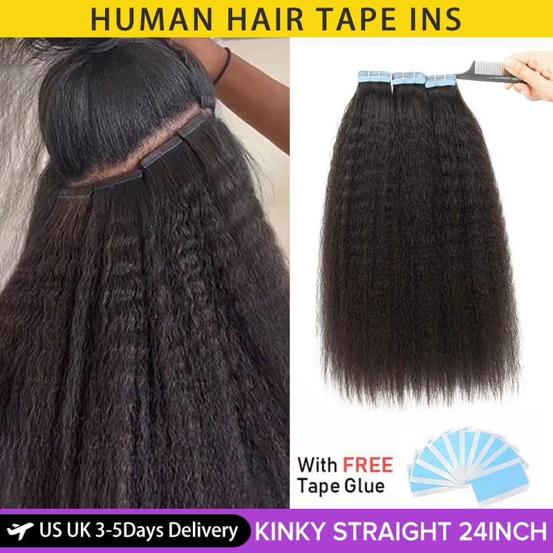 MRS HAIR Kinky Straight Tape in Extensions Tape Extensions Human Hair Cuticle Remy Yaki Tape in Hair Extensions 12-26 inch 20pcs