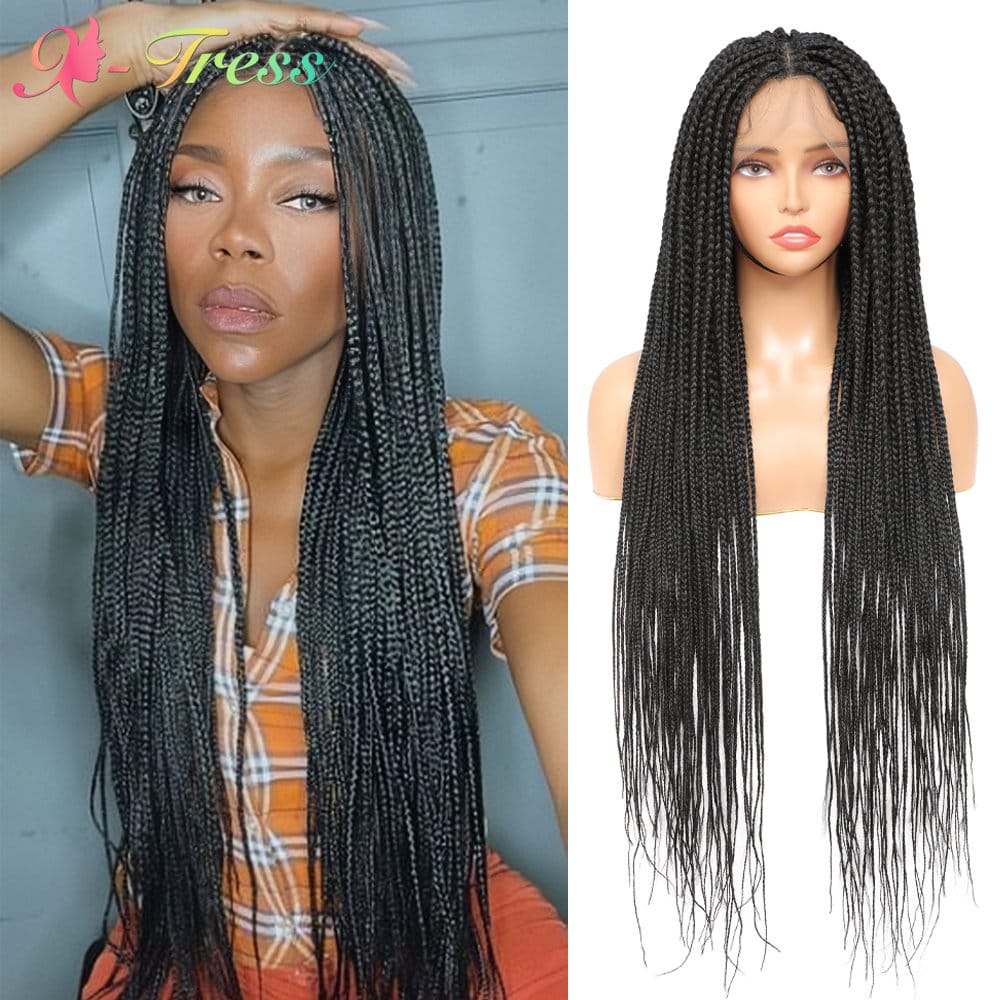 X-TRESS Full Lace Front Synthetic Box Braided Wigs With Baby Hair 32" Super Long Straight Knotless Braids Wig For Black Women