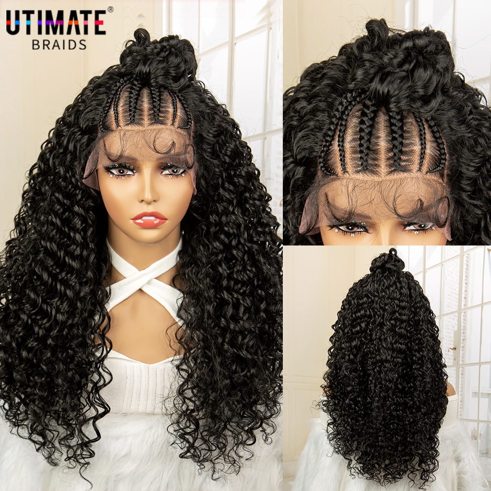 Kinky Curly Braided Wigs Synthetic Lace Front Wig Braided Wigs with Bun for Black Women Wig 24 Inch Hair Wigs Natural Daily Use