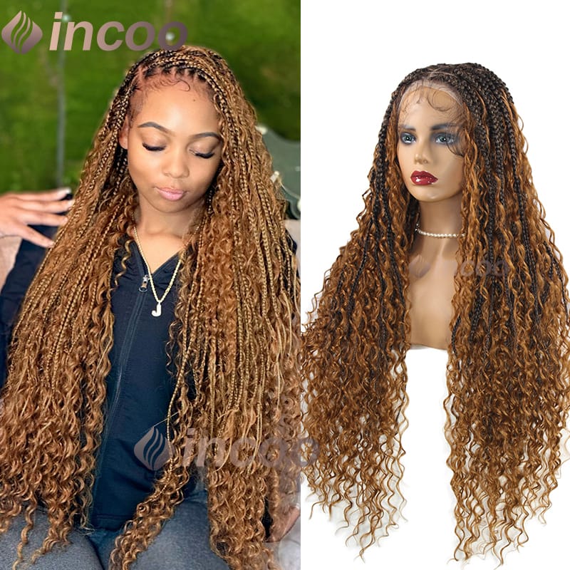 Incoo 32 inch Boho Braided Wigs Synthetic Full Lace Wigs Blonde Curly Goddess Locs Wigs Pre-Plucked Baby Hair Box Braids Wig
