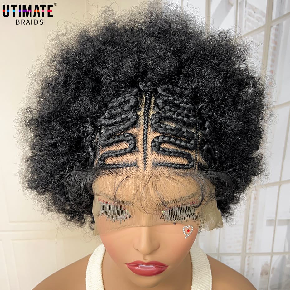 Synthetic Afro Wig Kinky Curly Braided Wigs with Buns 13x6 Lace Frontal Short Braided Wig with Baby Hair for African Women