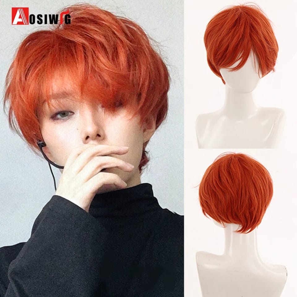 AOSIWIG Short Straight Cosplay Men Boy Party Orange Light Yellow Synthetic Heat Resistant Hair Wigs Men's Breathable Wig
