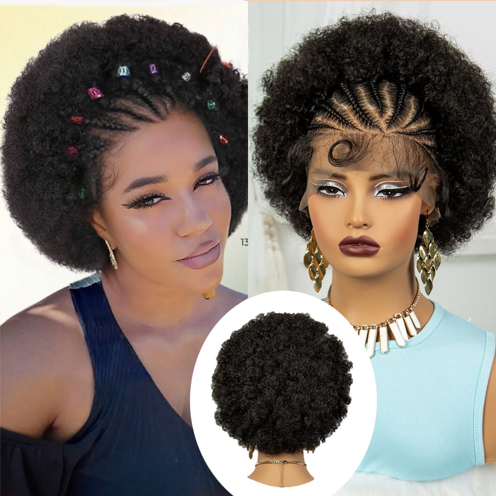 Short Synthetic Cornrow Braided Wigs 6 Inches Kinky Curly Afro Braided Wigs Lace Frontal Braiding Wigs for Women with Baby Hair