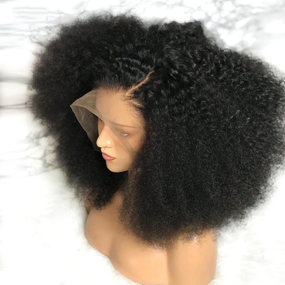 180 Density Synthetic Glueless Natrual 16inches Black Kinky Curly Lace Front Wigs For Women Baby Hair Heat Resistant Preplucked