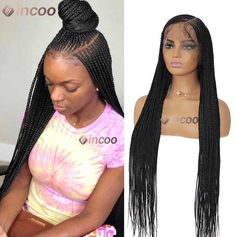 Incoo Full Lace Frontal Synthetic Larger Box Braided Lace Wigs 36 Inch Prepluck Baby Hair New Arrival Afro Knotless Braid Wigs