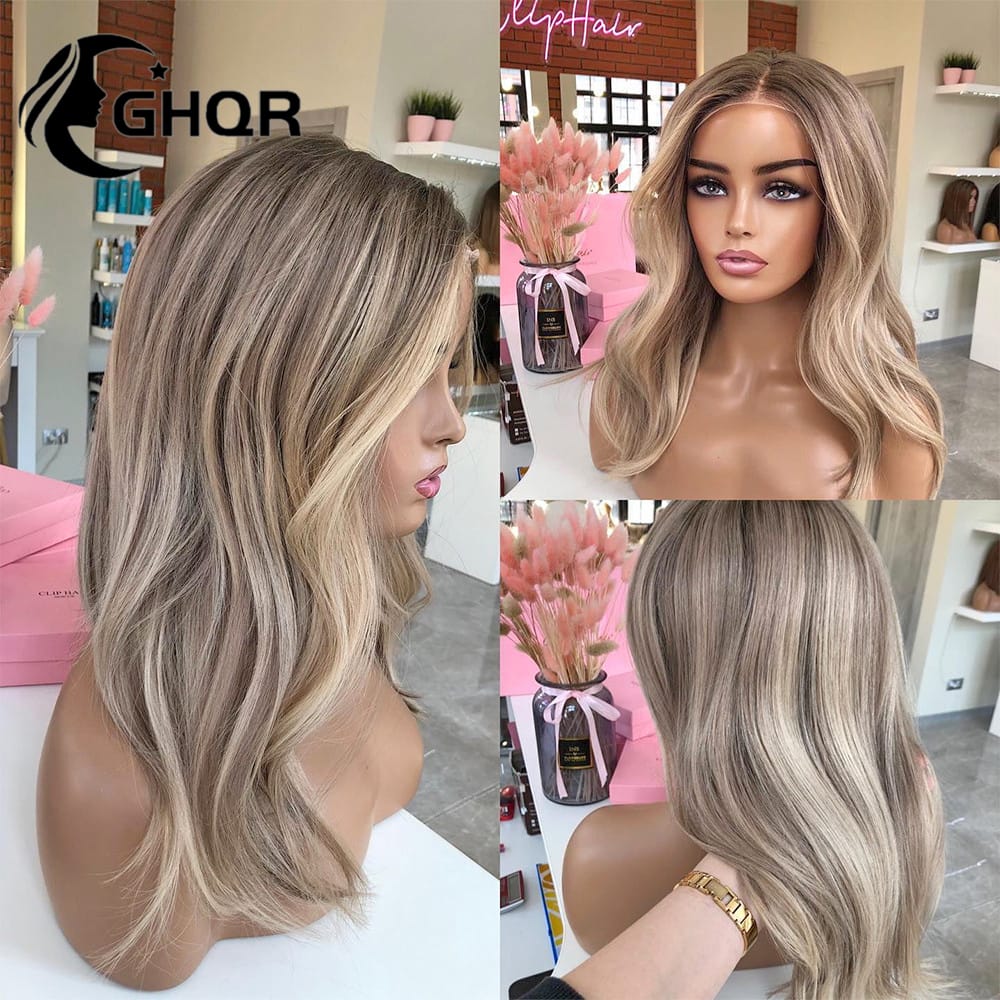 Highlight Human Hair Lace Frontal Wig Brown Ash Blonde full lace Human Hair Wig Natural Wave HD Transparent lace Bleached Knows