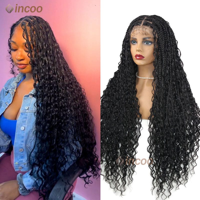 Incoo 36" Synthetic Braid Lace Frontal Wig Faux Goddess Locs Braided Wigs With Baby Hair Black Twist Wigs Full Lace Braided Wigs