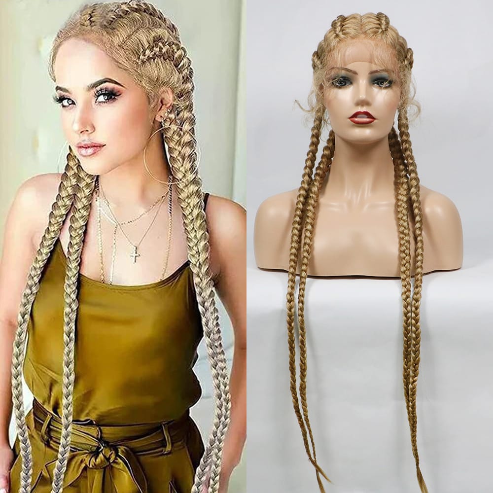 Blonde Braided Wig Extra Long Braided Lace Front Double Dutch Braided Wigs with Baby Hair for Women Heat Resistant