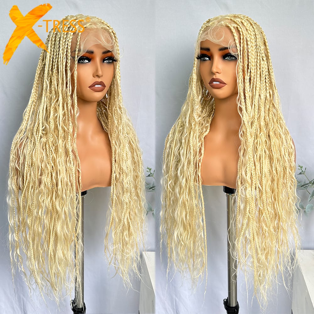X-TRESS 613 Blonde Bohemian Box Braids Wigs with Baby Hair 32"  Full Lace Front Wig Knotless Braided with Curly Synthetic Hair