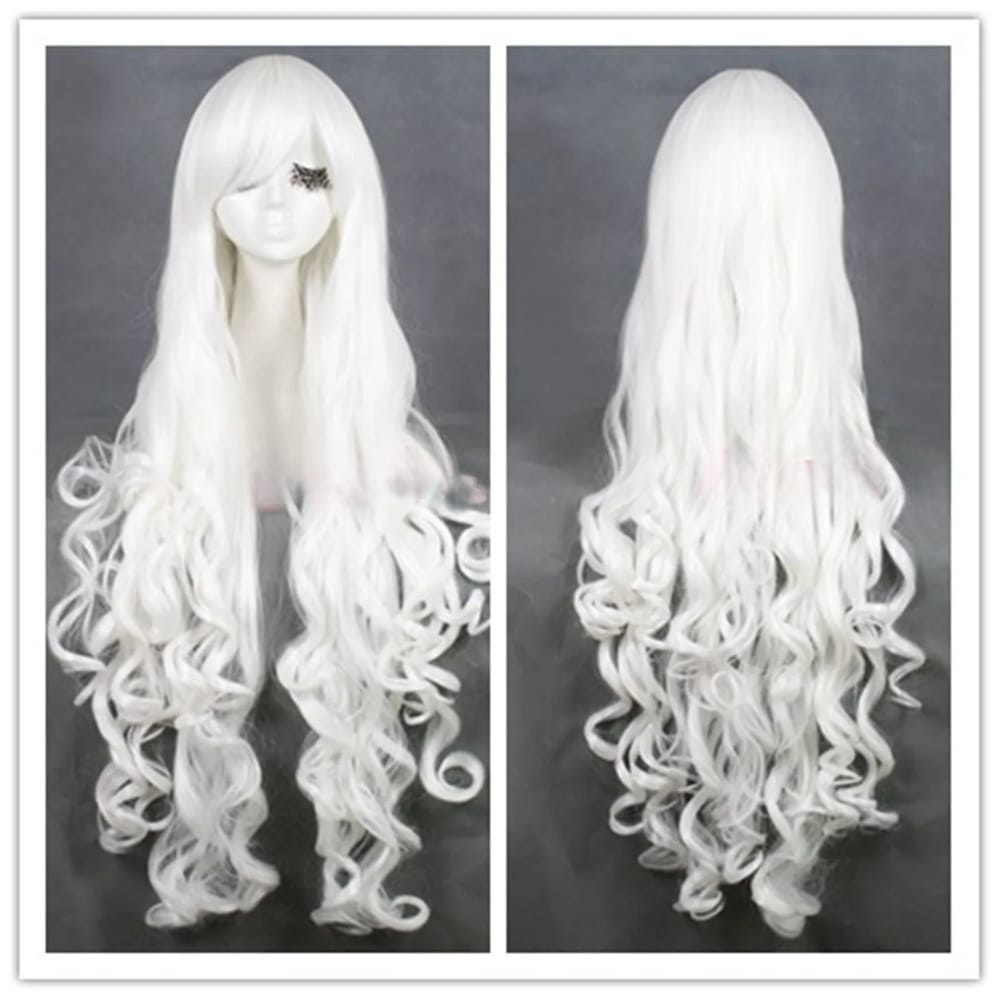 80cm Long White Curly Wave Women's Obique Bangs Hair Cosplay Party Wigs