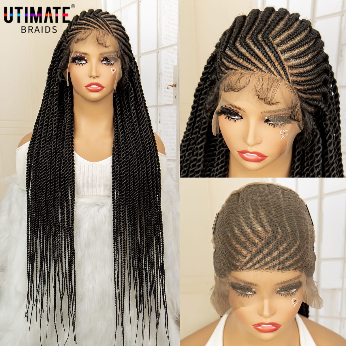 Synthetic Full Lace Wig 32 Inches Handmade Cornrow Knotless Box Braided Wigs with Baby Hair Twist Braided Wigs for Black Women