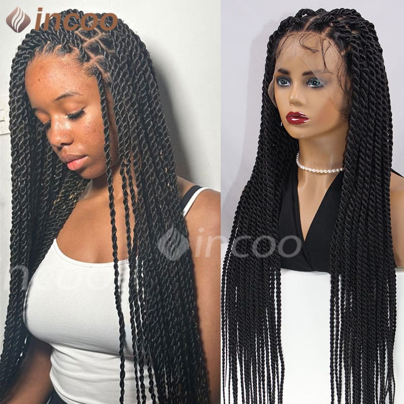 Full Lace Wig Twist Braids Synthetic Lace Front Wig 36Inch Square Knotless Box Braids Wig With Baby Hair Senegalese Braided Wigs