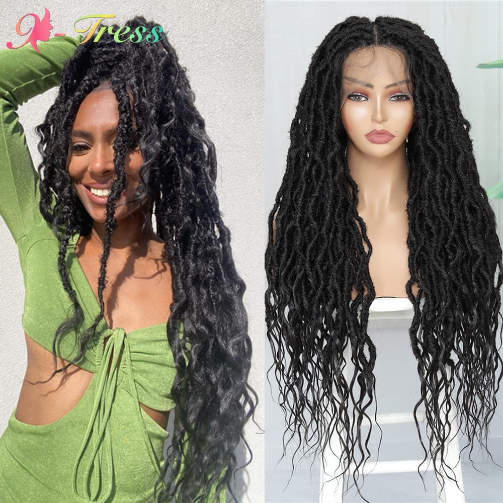 X-TRESS 32 Inch Goddess Faux Locs Full Lace Braided Wigs Synthetic Lace Front Wig for Black Women Pre Plucked with Baby Hair