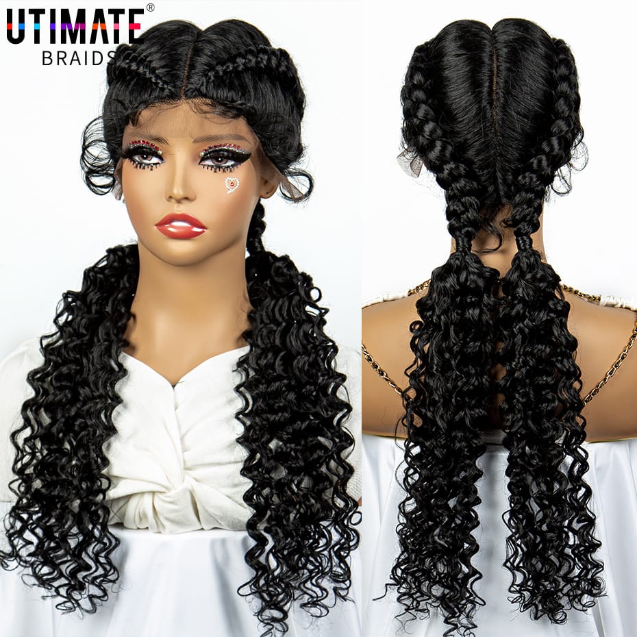 Braided Wigs Synthetic Lace Front Hair Wig Curly Water Wave Wig Afro Frontal Cornrow Twist Boxing Braided Wigs for African Woman