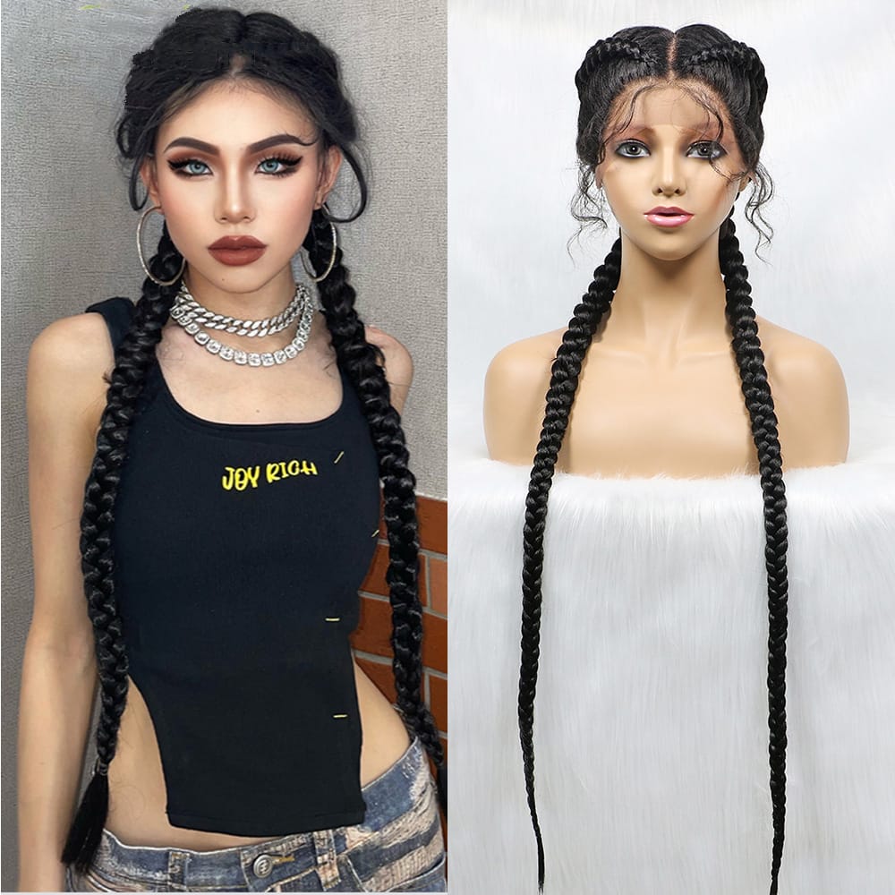 Synthetic Cornrow Braided Wigs Natural Black Braided Lace Front Wig Double Dutch Braids 100% Hand Made with Baby Hairs for Women