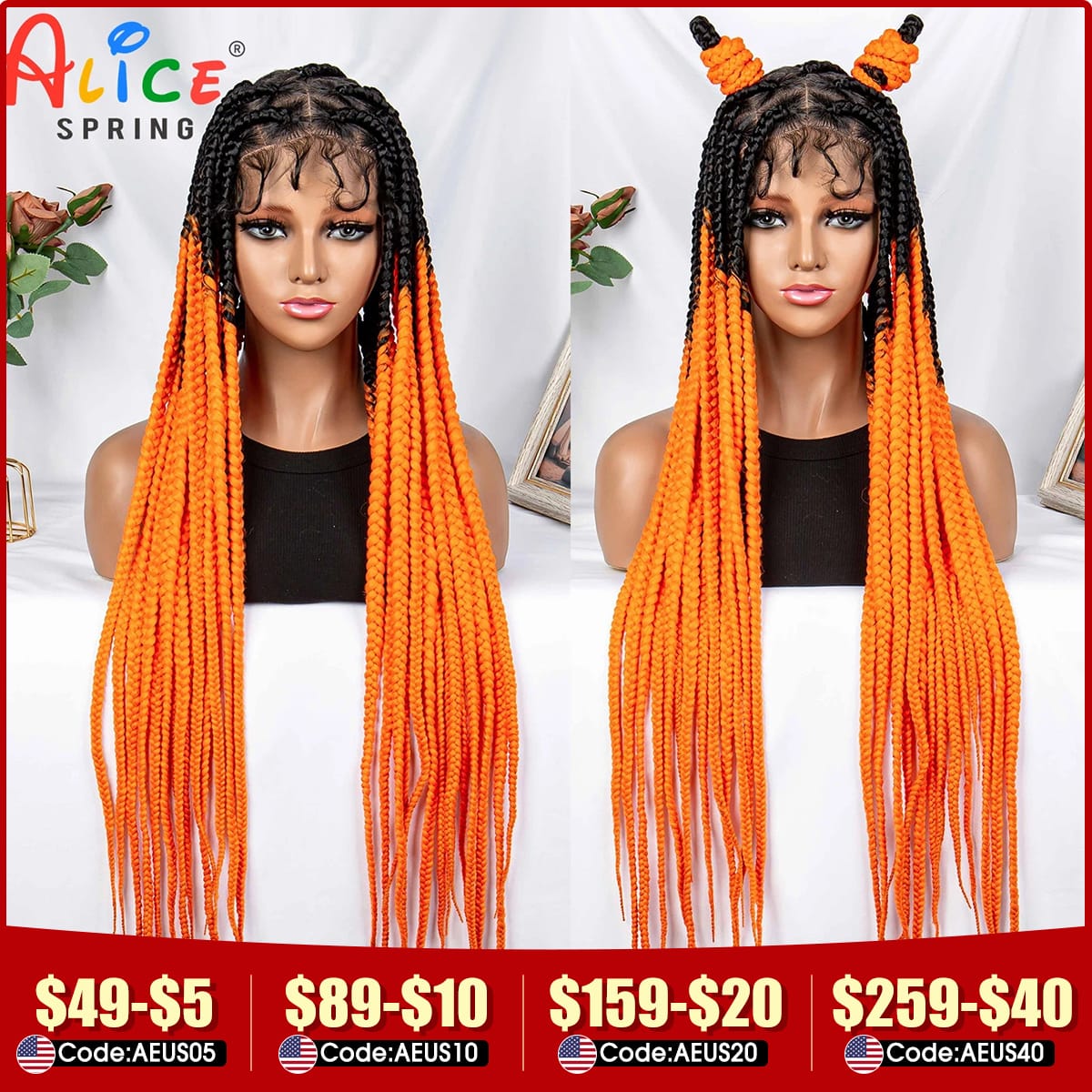 Full Lace Braided Wigs Synthetic Knotless Box Braids Wig Orange Colored Transparent Lace Front Braiding Hair Wig for Black Women