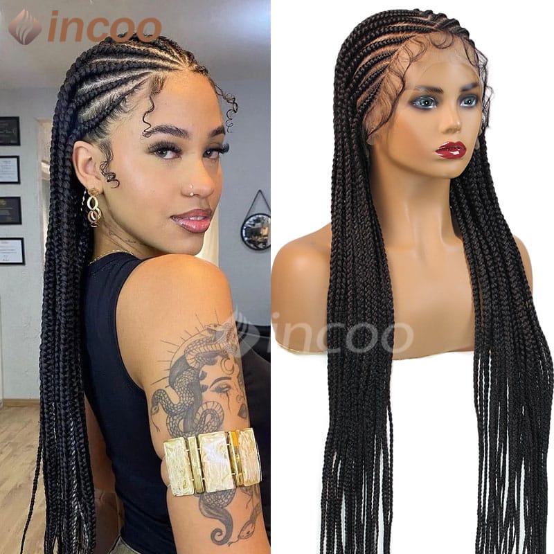 36" Full Lace Braided Wigs Synthetic Tribal Braids Wig Jumbo Knotless Box Braid Wigs Cornrow Wig For Black Women African Hair