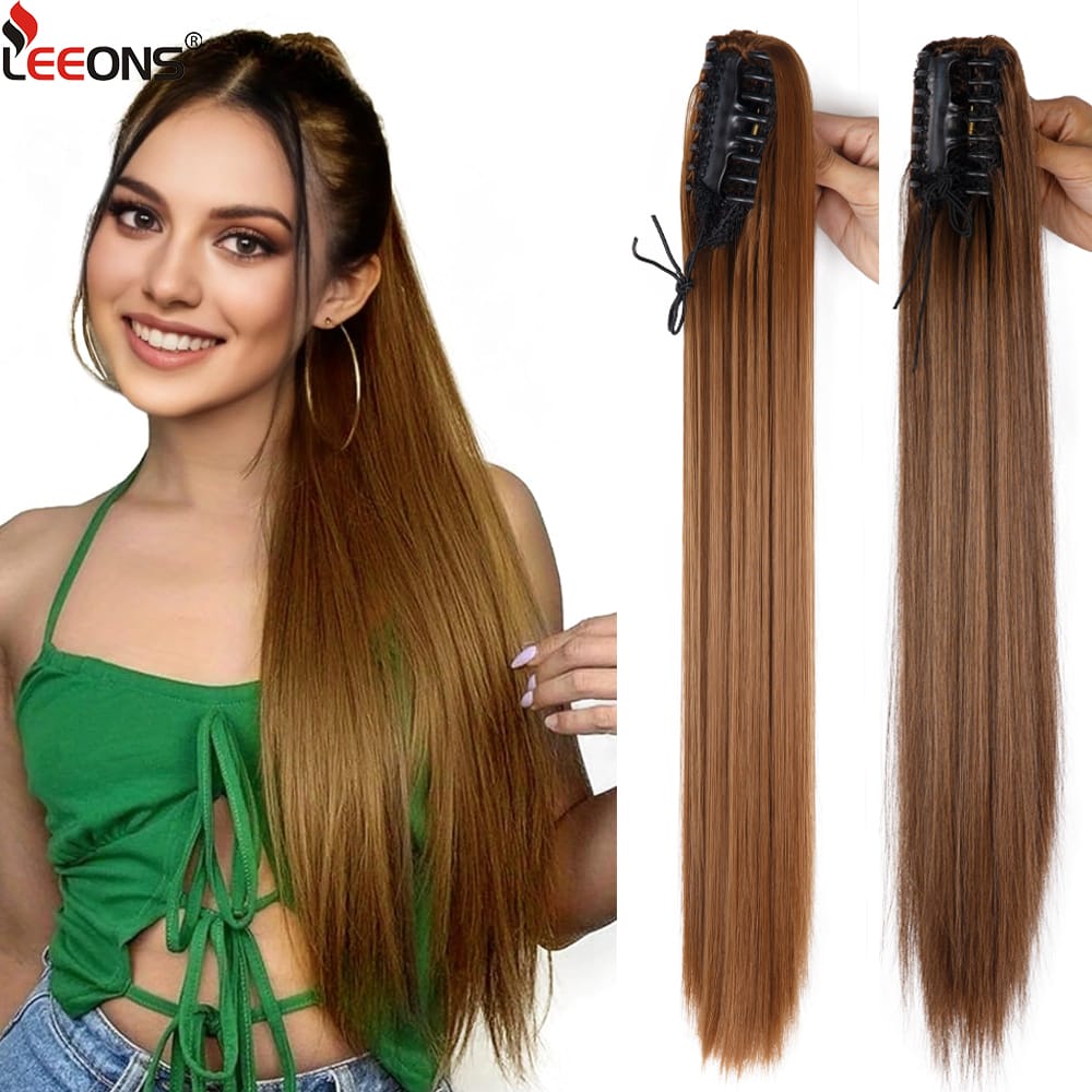 Syntheitc Claw Clip On/In Pony Tails Hair Extensions Synthetic Long Silk Straight Brown Ponytail Hair Piece 22 Inch For Women
