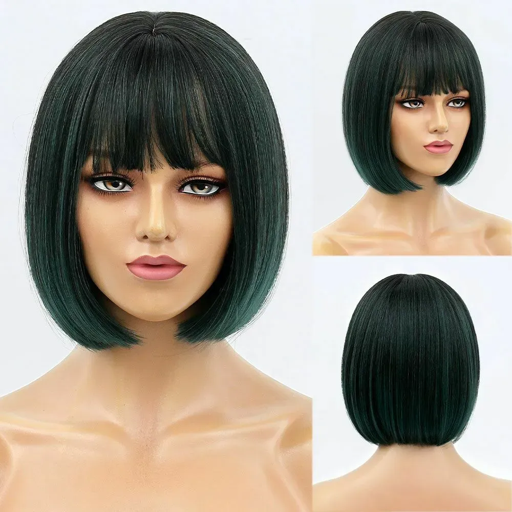 6 Color Shor Brown Mix Blue Bob Wig Bang Ombre Lolita Cosplay Party Natural Daily Women Hair