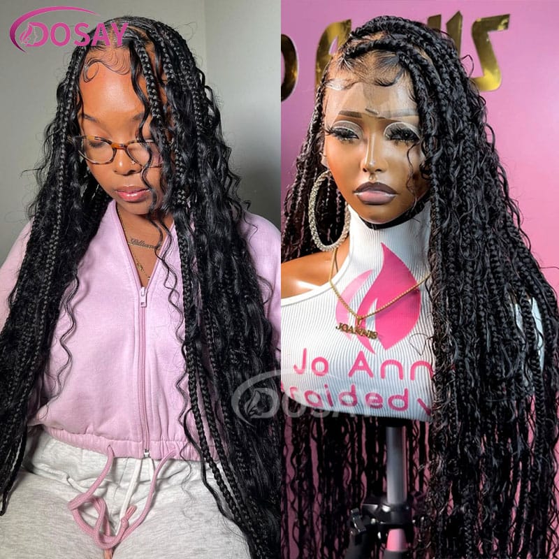 32" Boho Braided Wigs Full Lace Front Wigs Synthetic Bohemian Braided Wigs Blonde Goddess Locs Wigs With Curly Hair Pre Plucked