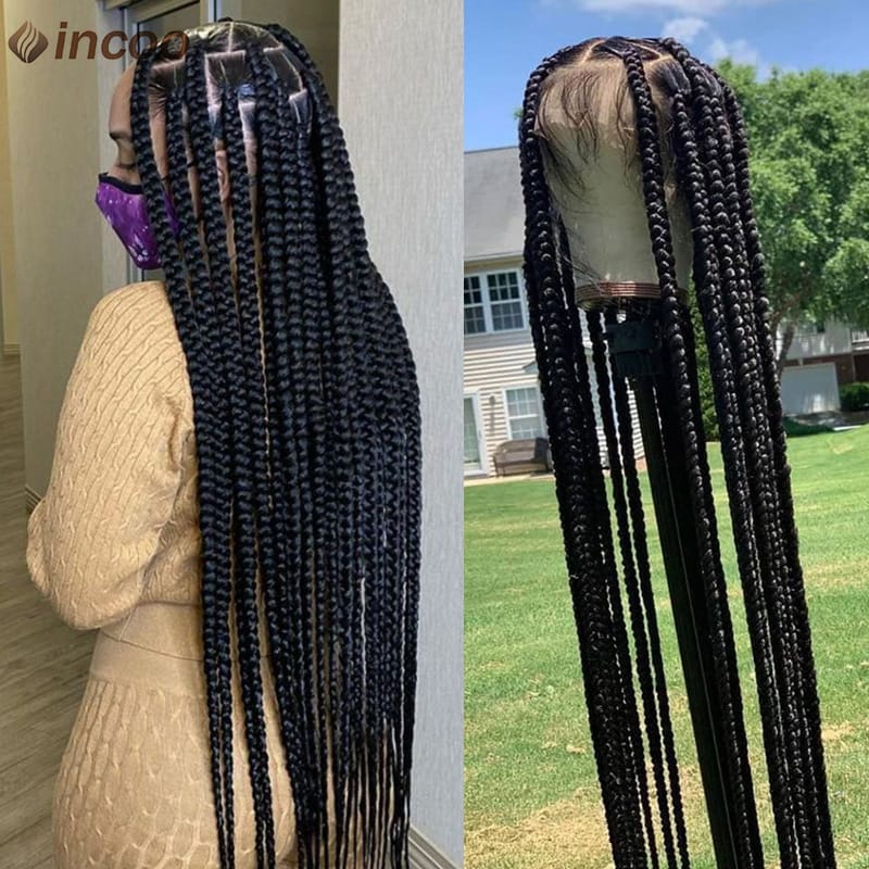 Long Knotless Box Braided Full Lace Wigs With Baby Hair Cornrow Braids Lace Frontal Wigs Black Women Synthetic Jumbo Braids 36''