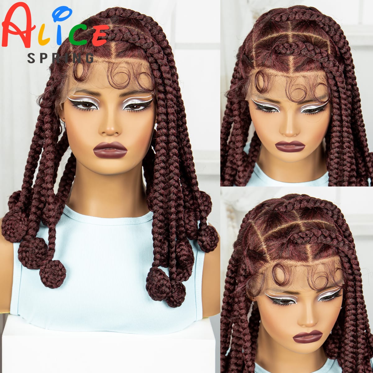 Burgundy 14 Inch Synthetic Bantu Braided Wigs Transparent Full Lace Hair Wigs Knotless Box Braids with Baby Hair for Black Women