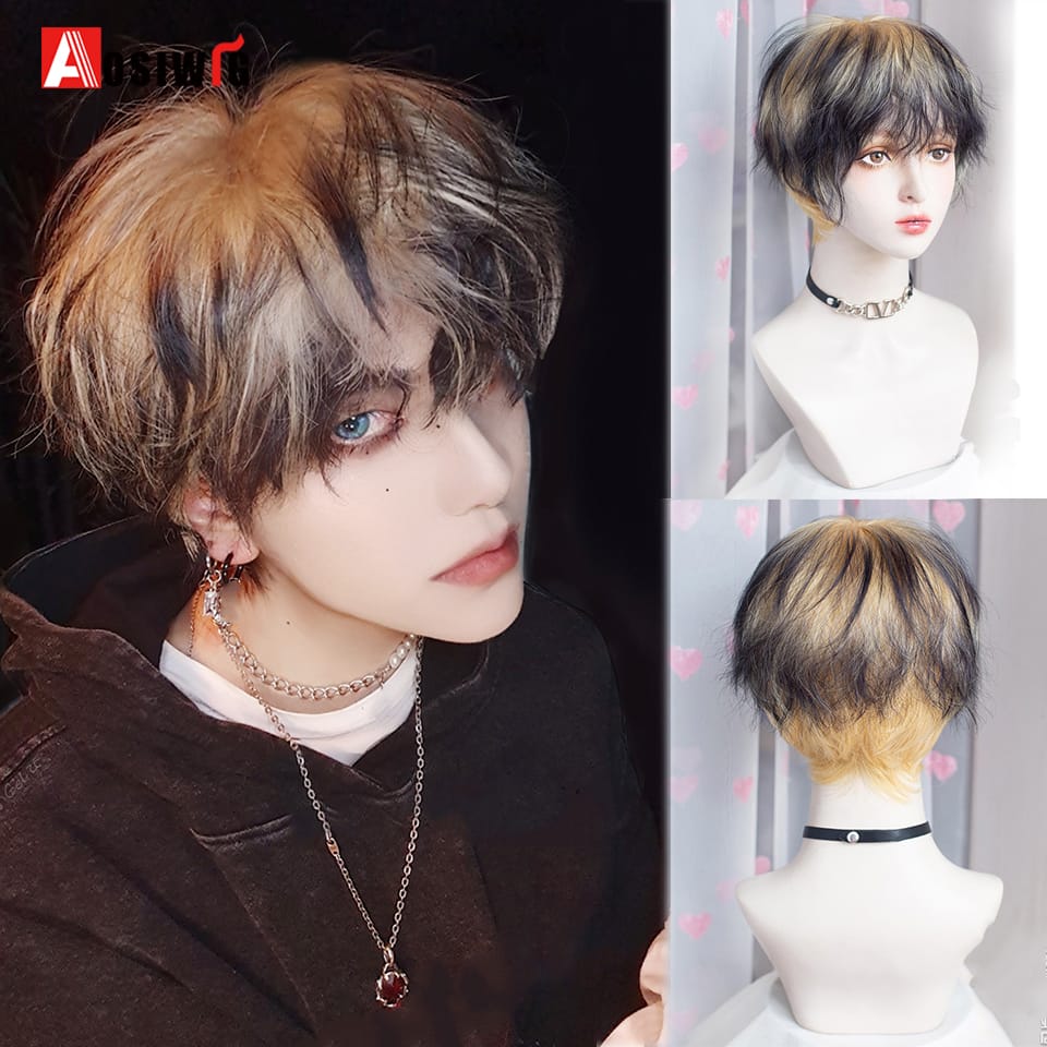 AOSIWIG  Short Curly Cosplay Men Boy Party Light Yellow Synthetic Heat Resistant Hair Wigs Men's Breathable Wig