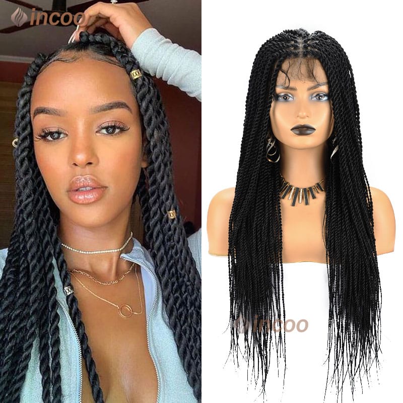 Synthetic Braid Lace Frontal Wigs Jumbo Knotless 360 Lace Front Box Braids Wig With Baby Hair Black Twist Wig Black Mix Burgundy
