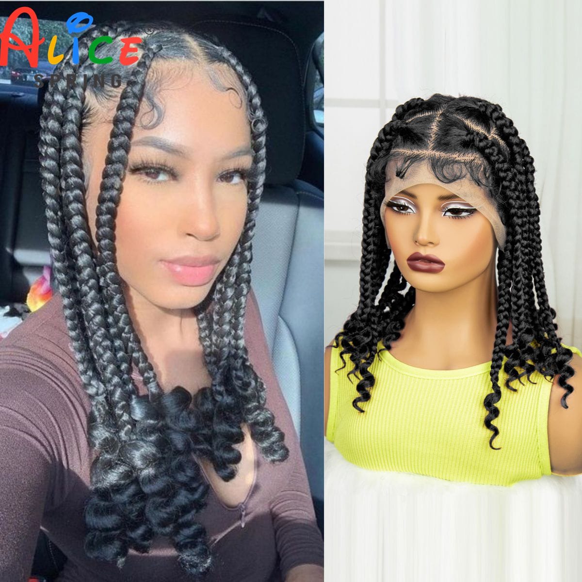 Knotless Box Braided Wigs with Curly Ends Natural Synthetic Transparent Full Lace Braiding Hair Wig with Baby Hair for Women