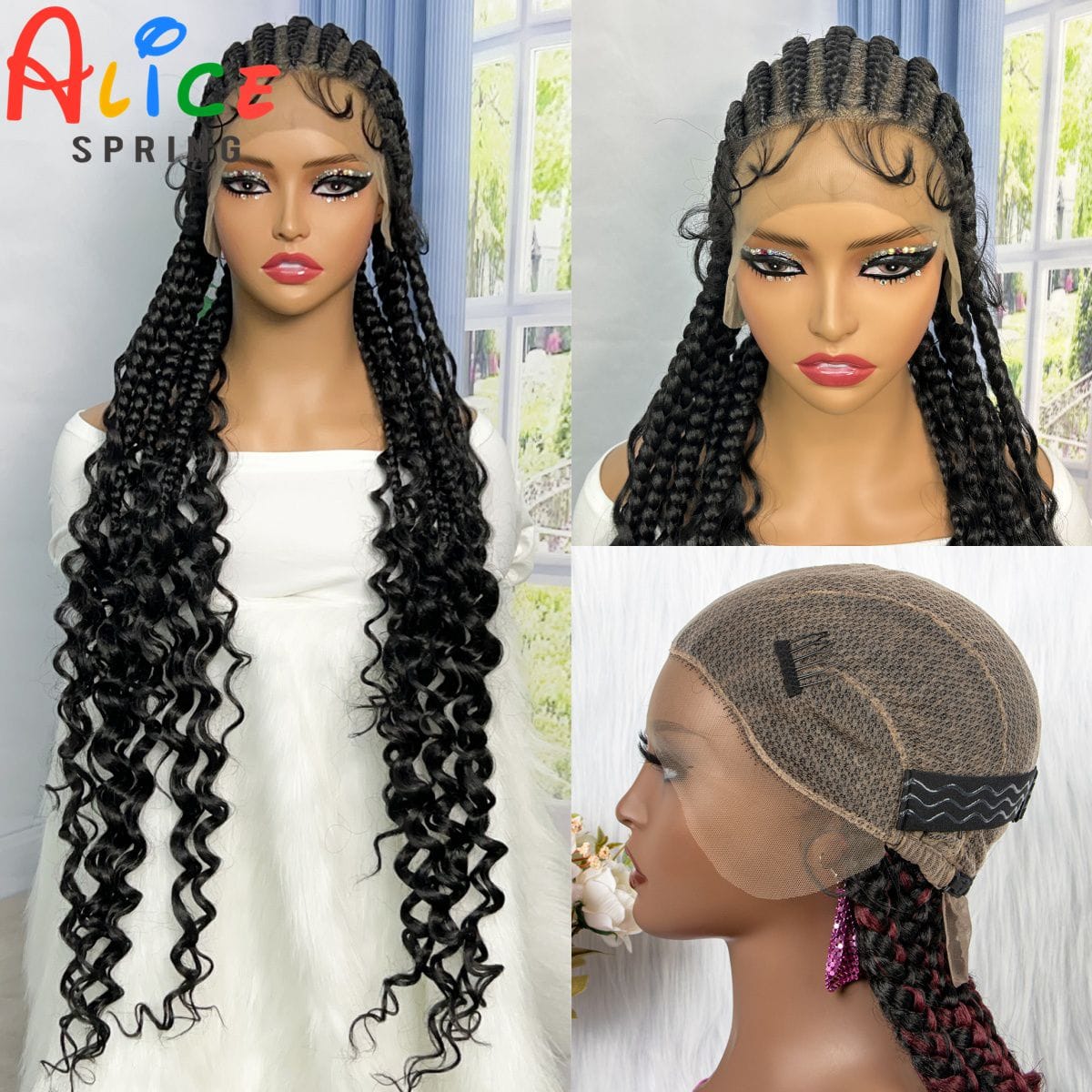 Cornrow Braided Wigs With Baby Hair 36 inches Synthetic Transparent Full Lace Braiding Hair Wigs with Curly Ends for Black Women