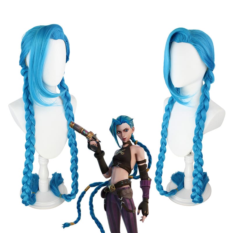 1.2m LOL Jinx Wig Synthetic Long Short Straight Women Blue Heat Resistant Game Cosplay Party Hair Wig
