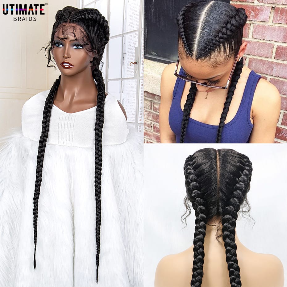 36 Inches Long Lace Front Synthetic Braided Wigs Lace Front Twins Cornrow Braided Wig for Black Women with Baby Hair Middle Part