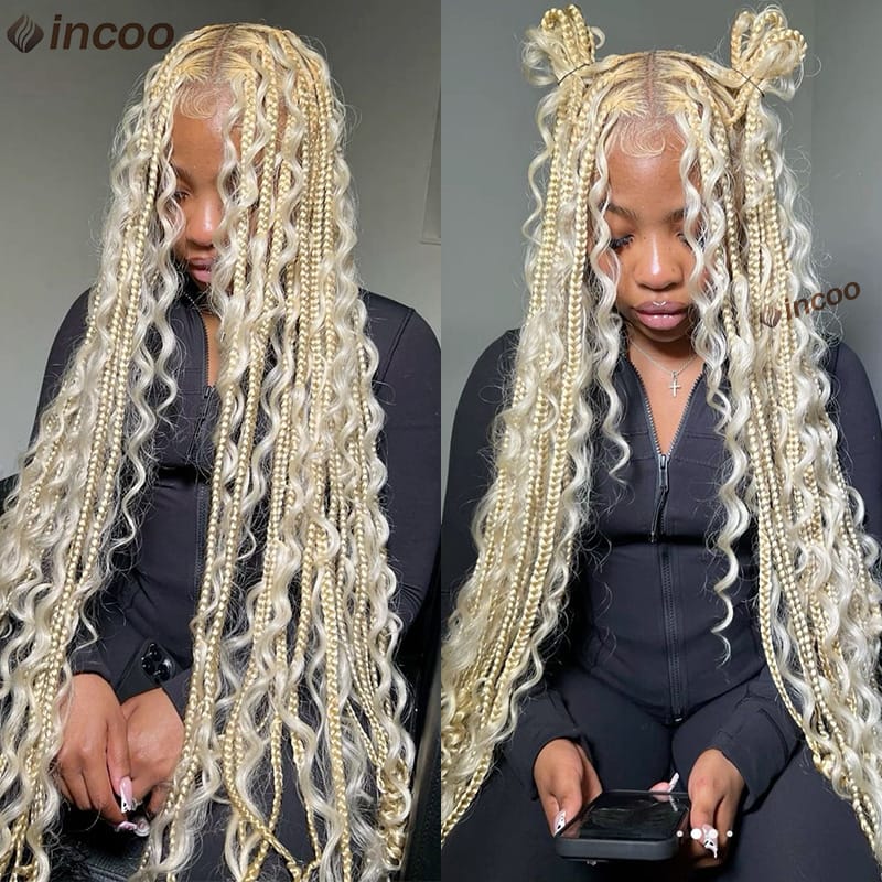 613 Braided Wigs Synthetic Knotless Full Lace Wigs Pre Plucked Baby Hair Blonde Boho Cornrows Box Braid Wigs Curly End For Women