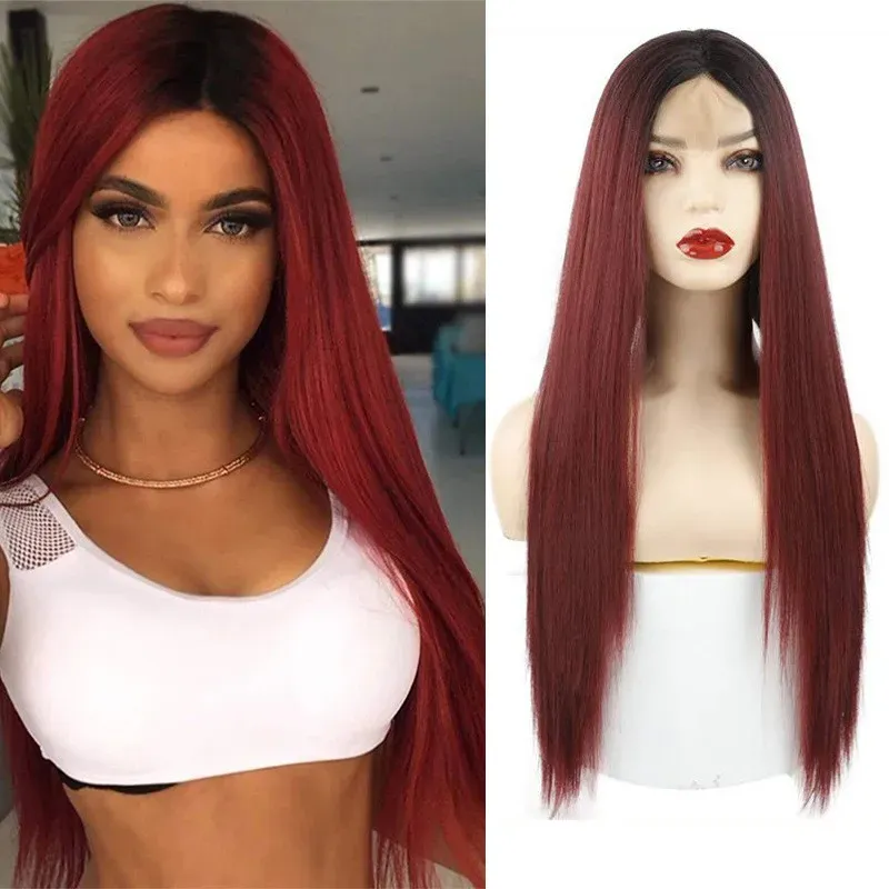 7Color New Women's Long black & Red wine Straight Front full lace Handmade Party hair wigs