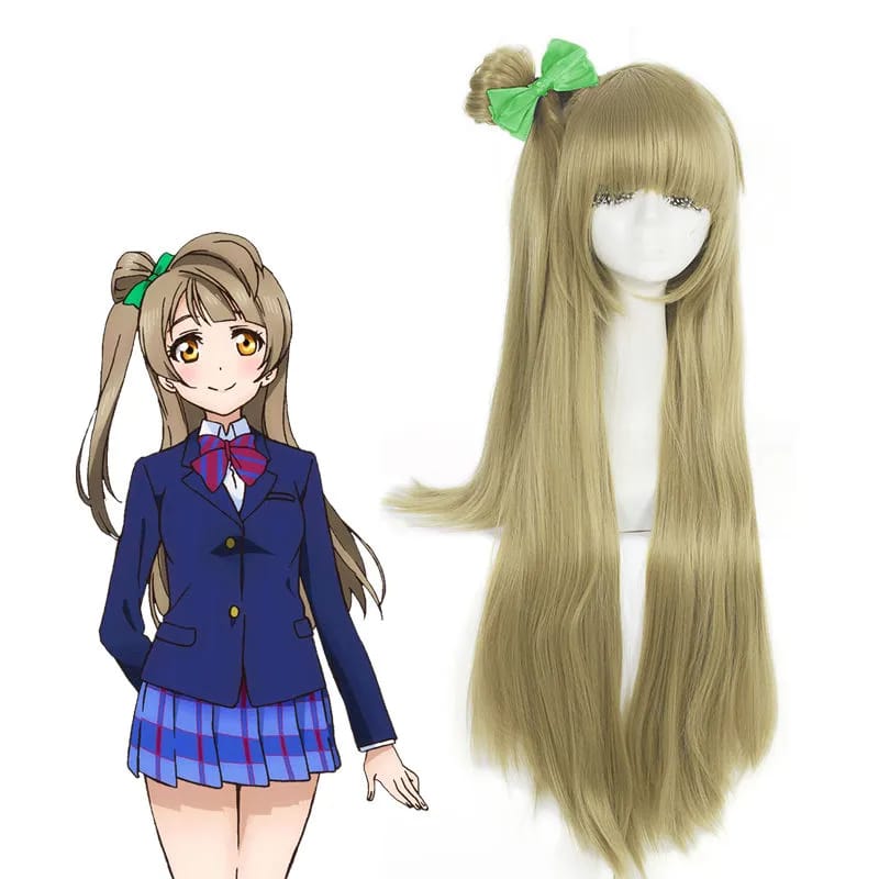 Lolita Minami Kotori Flaxen Color Long Straight Hair Full Cosplay Wigs + Bowknot