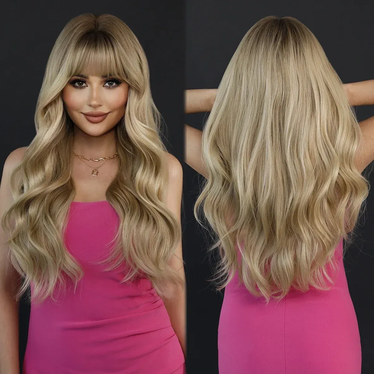 26" Long Body Gradient Color Wavy with Bangs Ombre Blonde Synthetic Hair wig