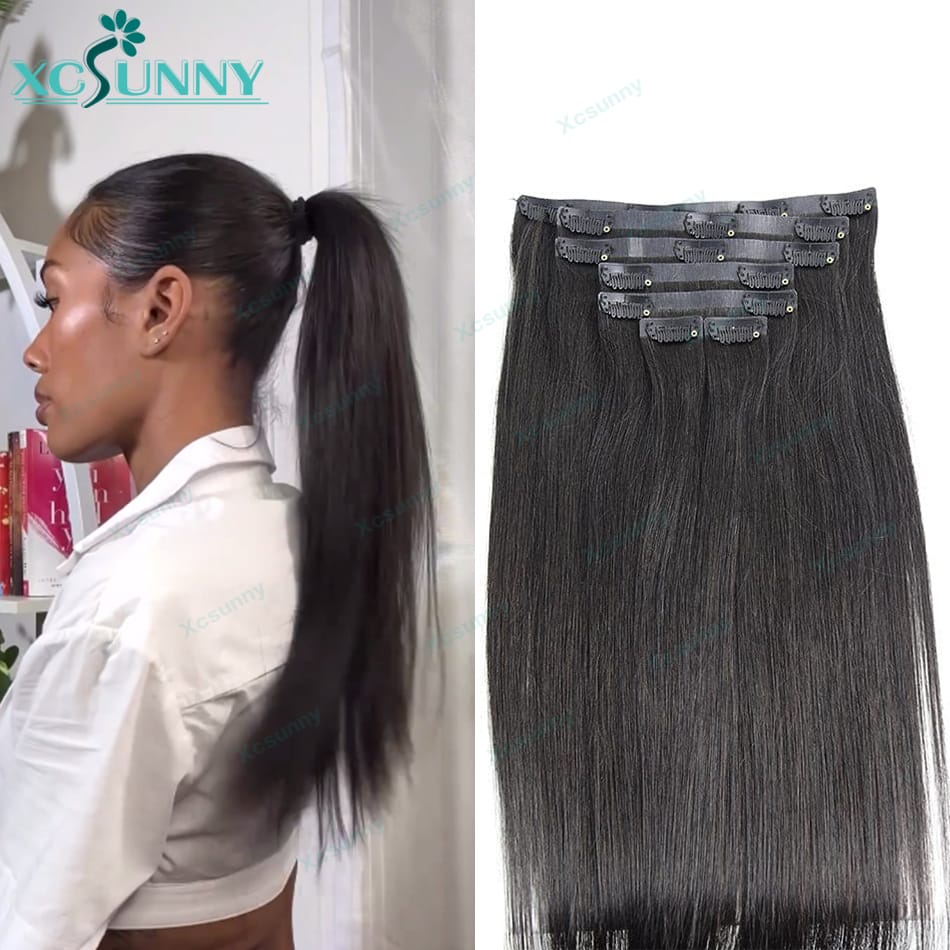 Straight Seamless PU Weft Clip In Extension Burmese Seamless Clip In Human Hair Extensions For Black Women