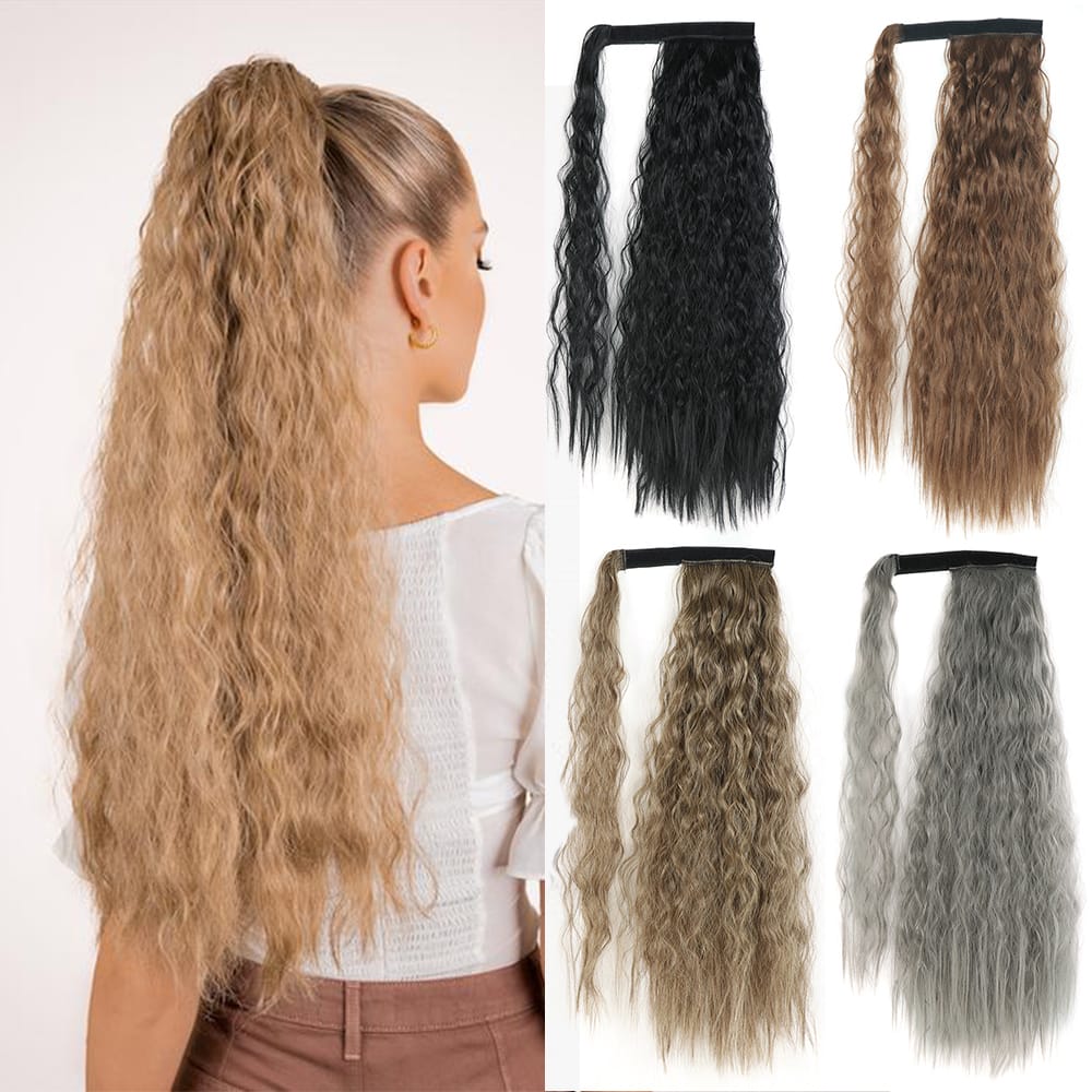 Synthetic Corn Wavy Long Ponytail For Women Hairpiece Wrap On Hair Clip Ombre Brown Blonde Hair Extensions Pony Tail