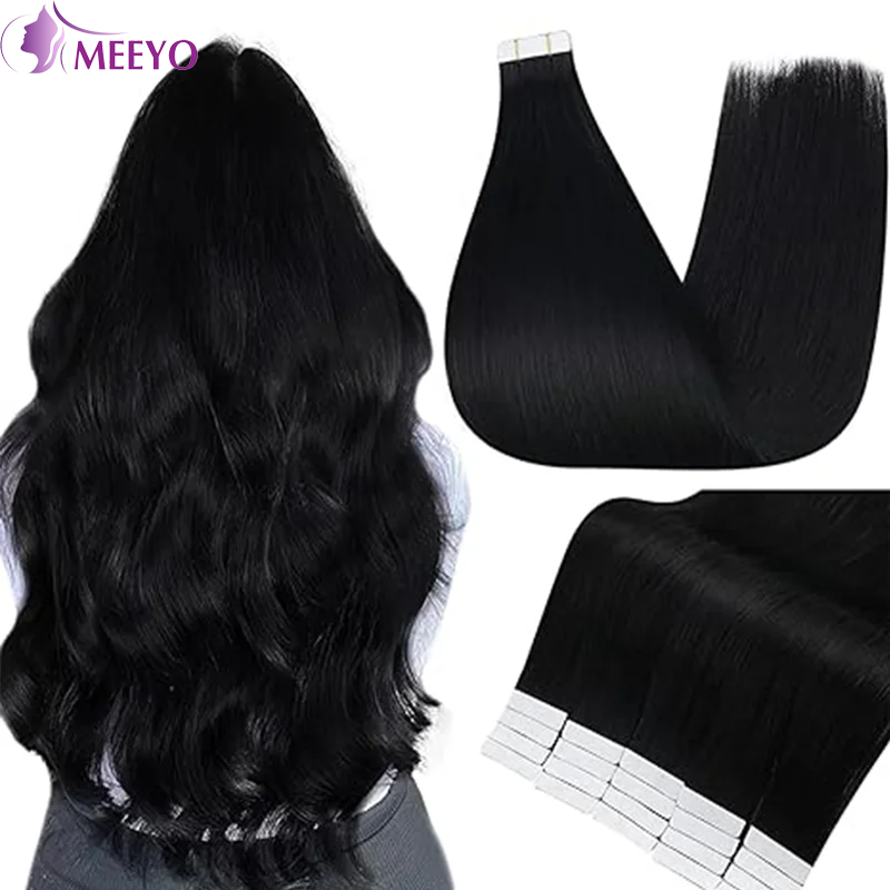 Hair Extension Tape In Human Hair 20pcs 50G Silky Straightening Tape In Hair Extensions Black Human Hair Extensions Ject Black