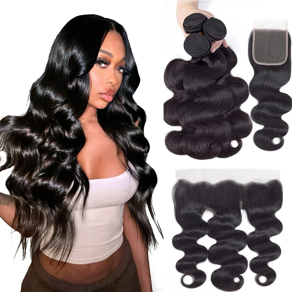 Brazilian Raw Hair Bundles With Closure 100% Human Hair Bundles With Frontal HD Transparent Lace Closure With Hair Weave Bundles