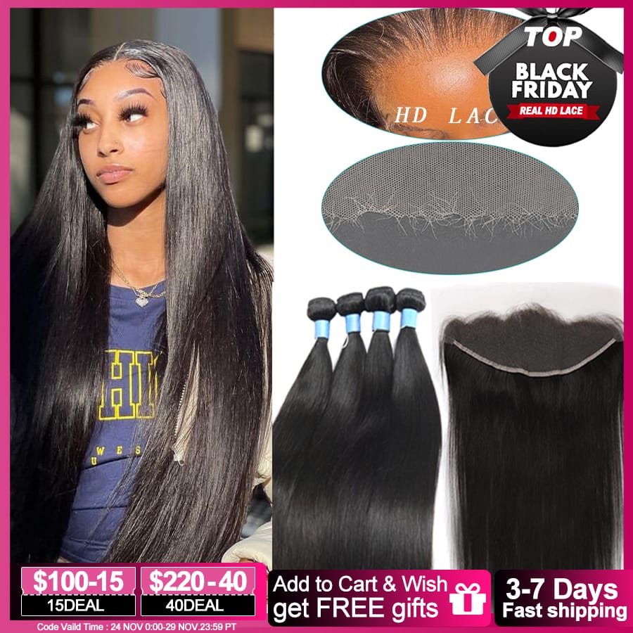 32 inch Bone Straight Hair Bundles With HD Lace Frontal Melt Skins Brazilian Human Hair Extension HD Lace Closure With Bundles