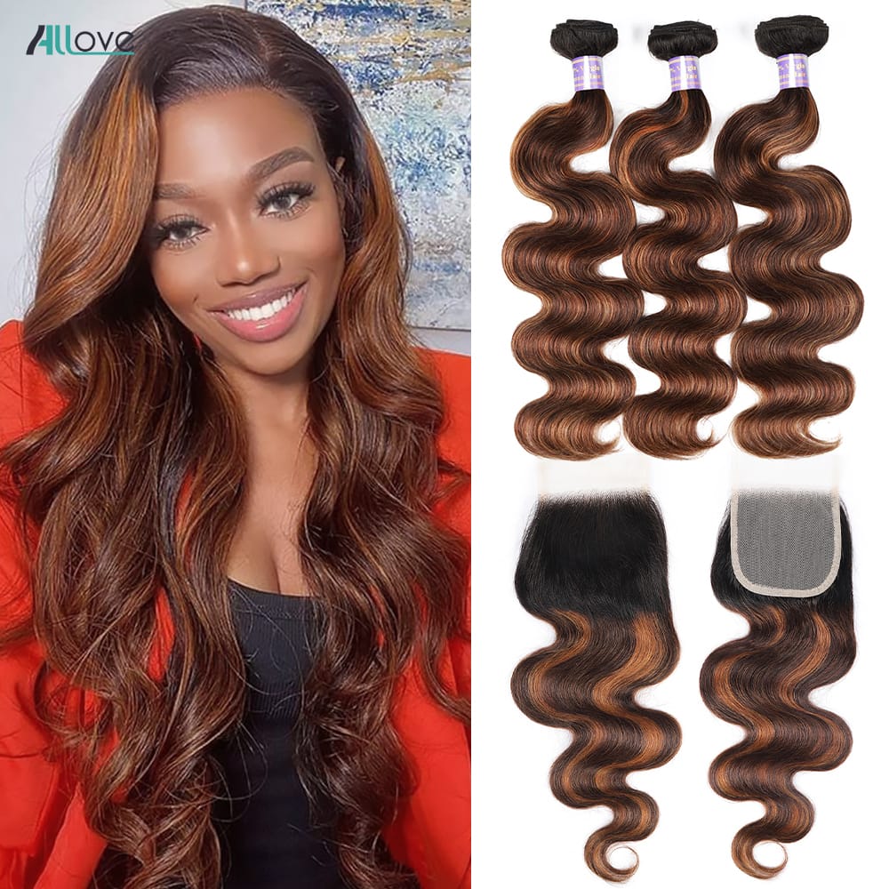 FB 30 Brown Highlight Body Wave Bundles With Closure 3 Bundles With 5x5 4x4 Lace Closure Brazilian Remy Colored Hair Extensions