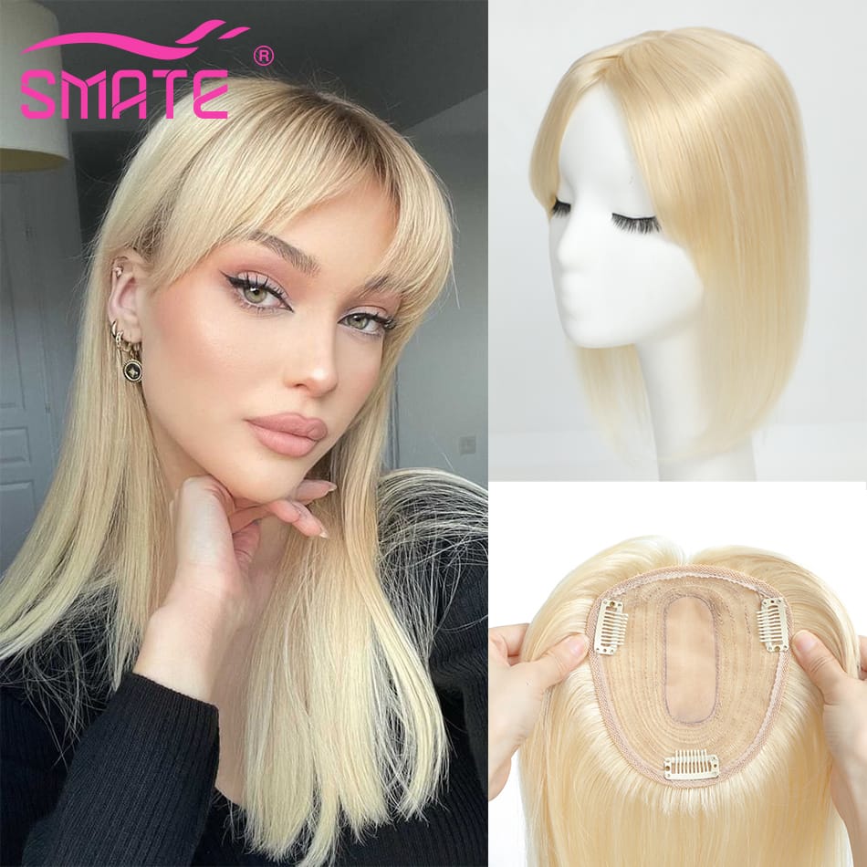 SMATE 13*12cm 10" 12" 14" Topper Hair Piece with Bangs 100% Real Remy Human Hair Topper for Women With Thin Hair Natural Color