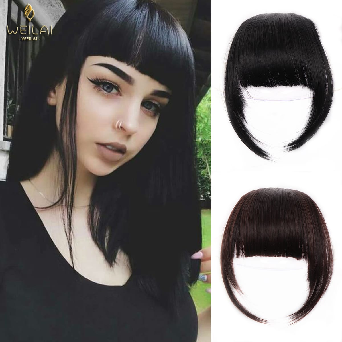WEILAI Clip in Hair Bangs Extension Hairpiece Synthetic Natural Fake Bang Hair Piece Air Bangs Clip on Bangs Black Brown