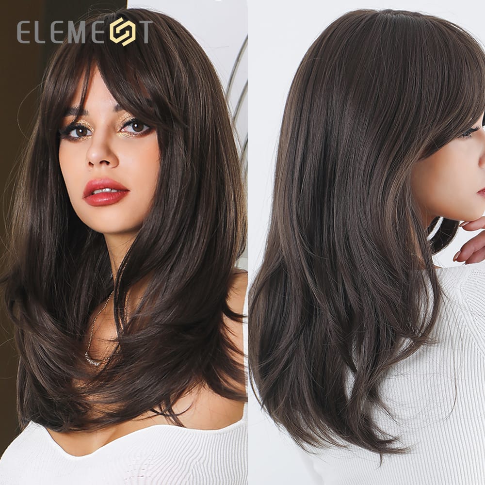 New Synthetic Long Straight Wigs Black Brown Wigs with Side Bangs Heat Resistant Lady Wigs for African American Women Hair