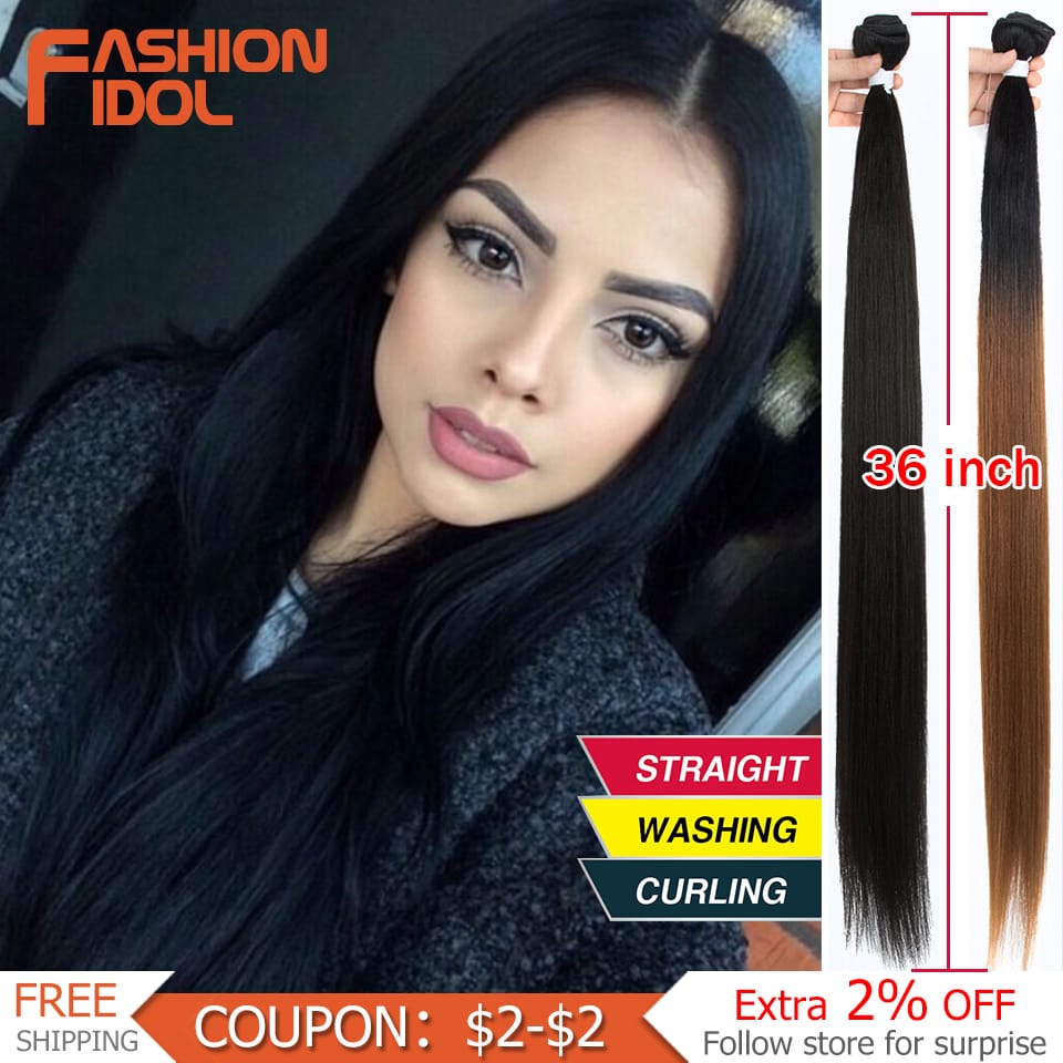 FASHION IDOL 36 inch Yaki Straight Hair Bundles 120G Ombre 613 Brown Synthetic Hair Weave Ponytail Hair Extensions