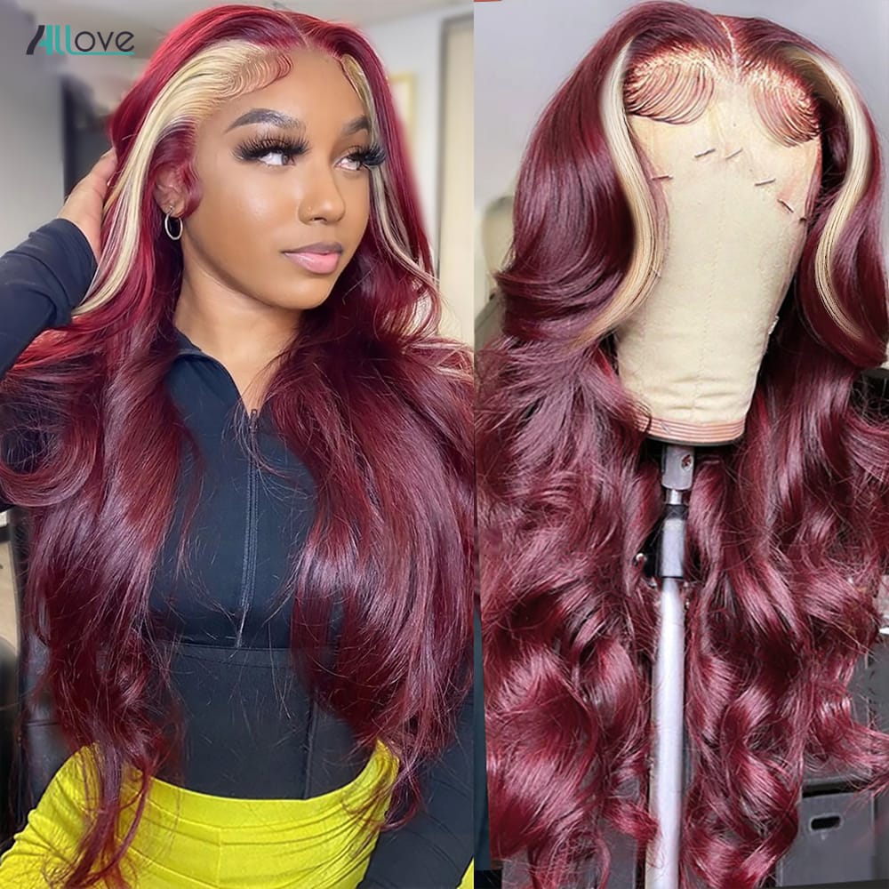 Allove 99J Burgundy Colored Human Hair Wigs 13x4  Lace Frontal Wig Highlight 613 Blonde Body Wave Lace Front Wigs