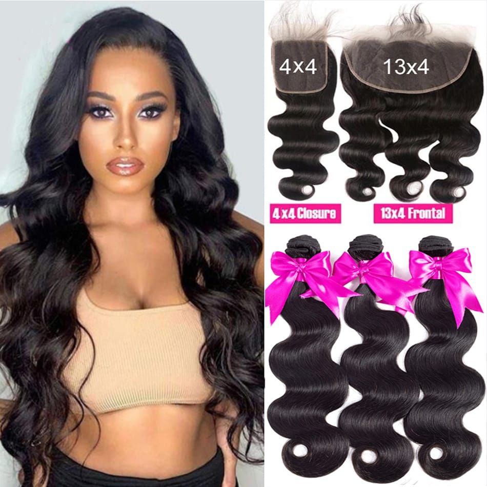 Peruvian Body Wave Bundles With Frontal 100% Human Hair 3 Bundles With Closure HD Transparent Lace Frontal With Bundles 12A Hair